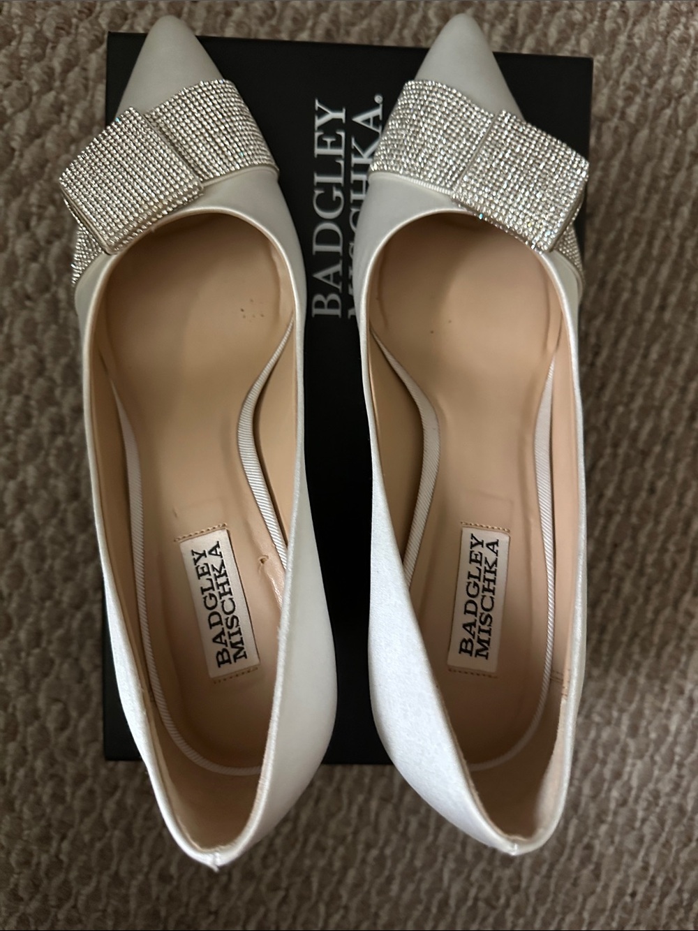 Badgley Mischka Ivory Satin Pointed Toe Flats with Crystal Bow